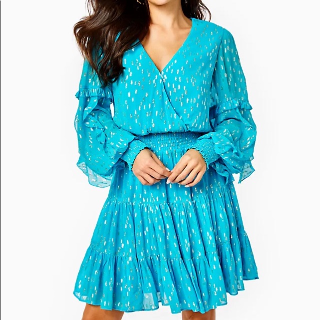 Lilly Pulitzer Heline Ruffle Dress Turquoise Oasis And Gold Metallic Dress